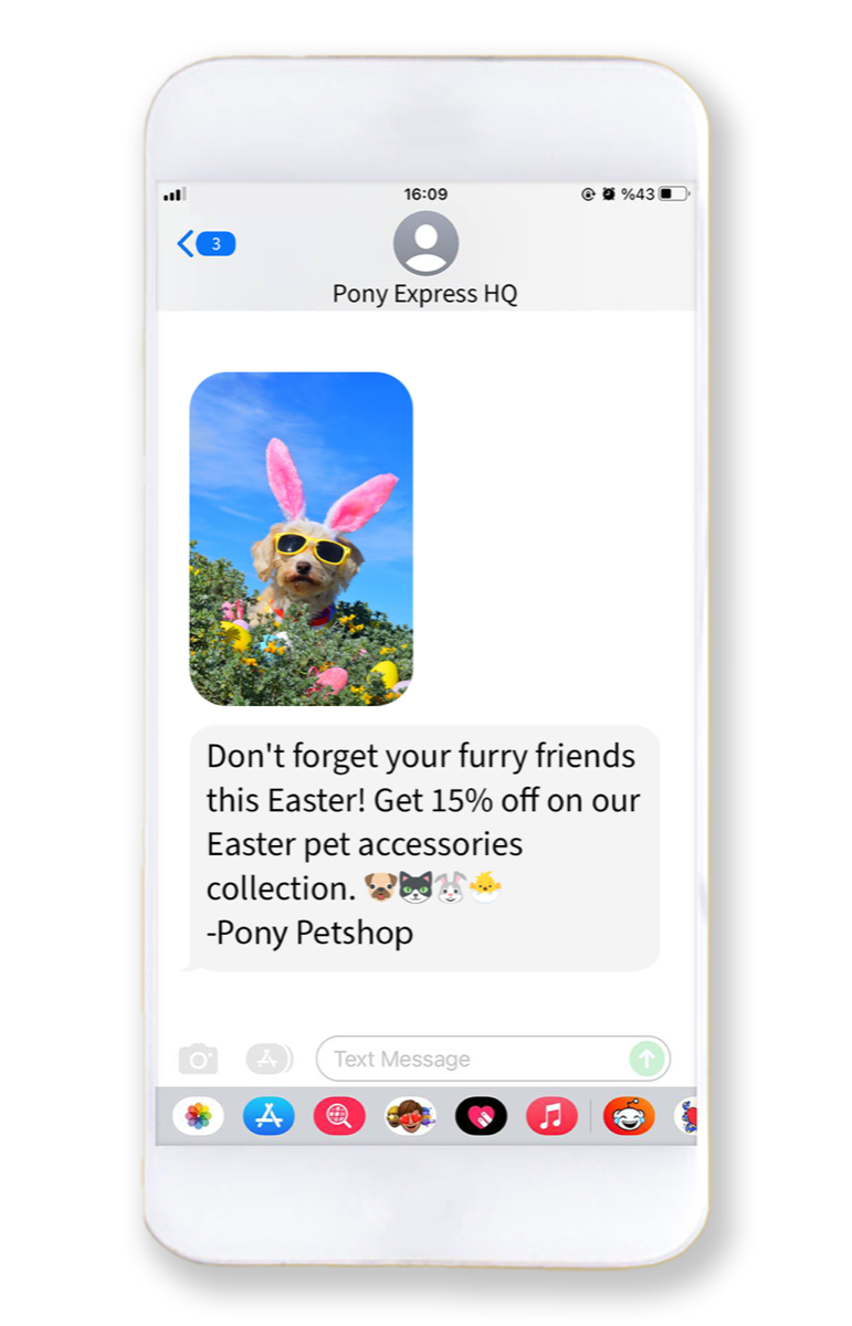 Phone showing an MMS from Pony Petshop: a photo of a dog wearing pink bunny ears and sunglasses in a flower garden