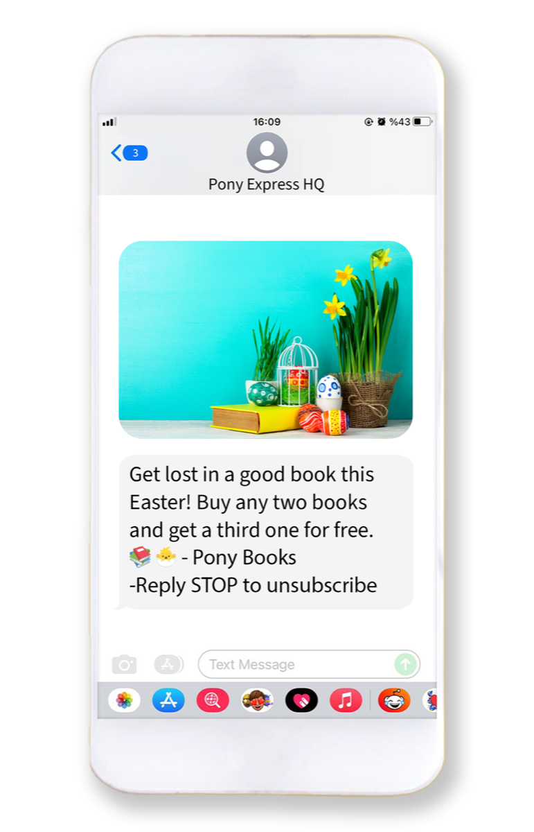 Phone showing an MMS from Pony Books: a photo of a small stack of books with Easter eggs and daffodils on a turquoise background