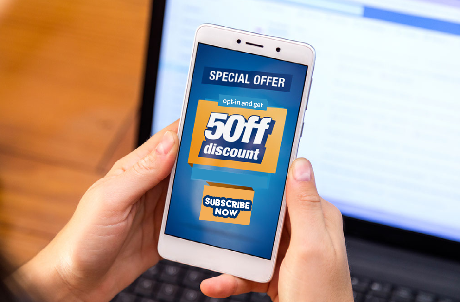 A phone showing a special offer: opt in and get 50% off, with a Subscribe now button