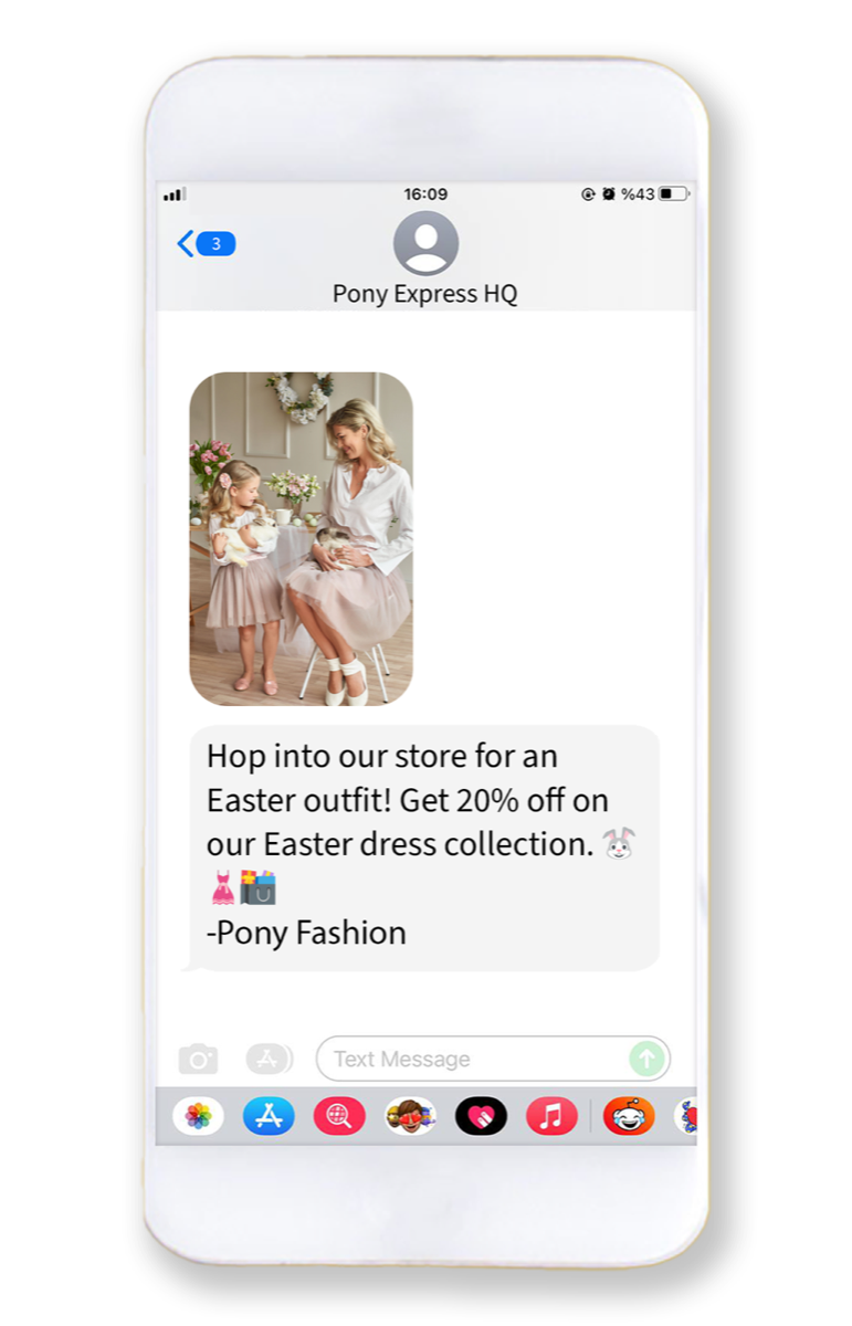 Phone showing an MMS from Pony Fashion: a photo of a mother and daughter in pastel dresses decorating Easter eggs