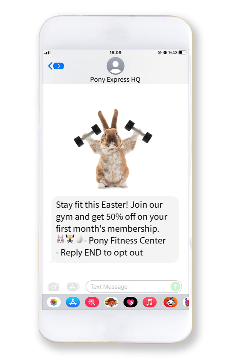 Phone showing an MMS from Pony Fitness Center: a photo of a rabbit lifting two small dumbbells
