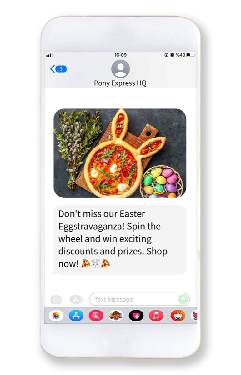 Phone showing an MMS from a pizza shop: a photo of a bunny-shaped pizza next to a basket of colored eggs