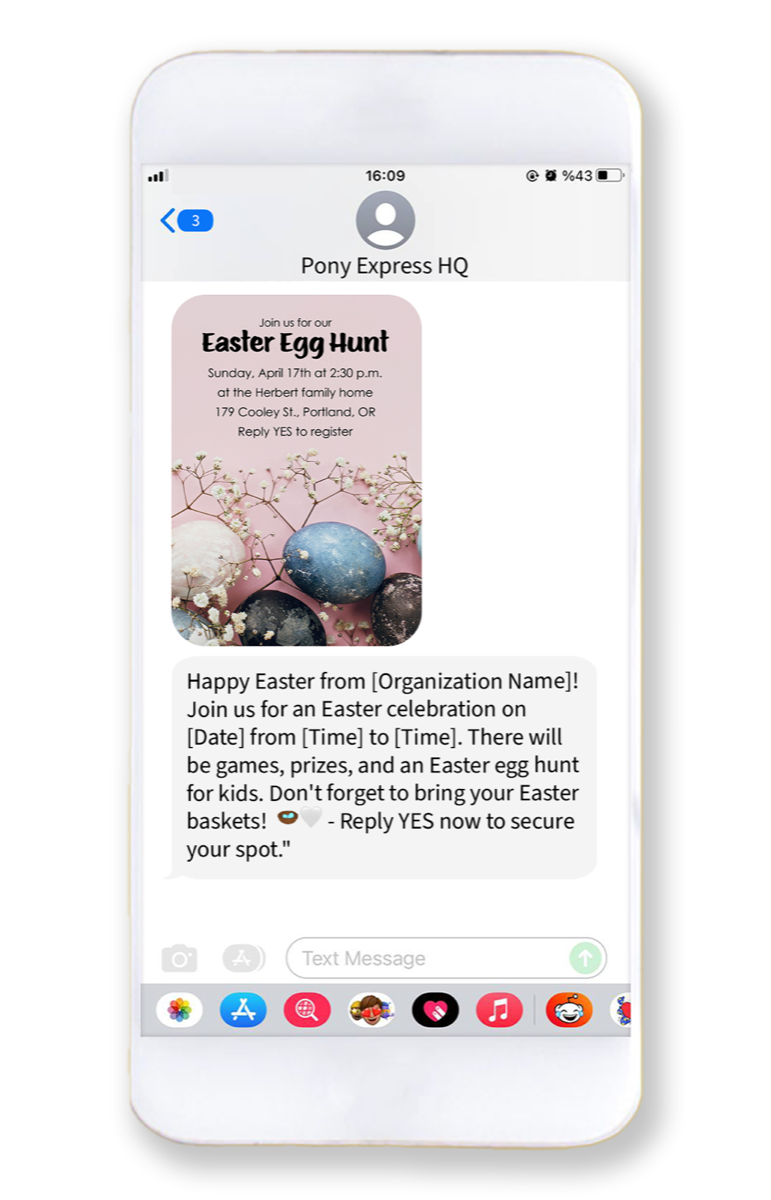 Phone showing an MMS from an organization: an Easter Egg Hunt invitation flyer with the event date, time and address