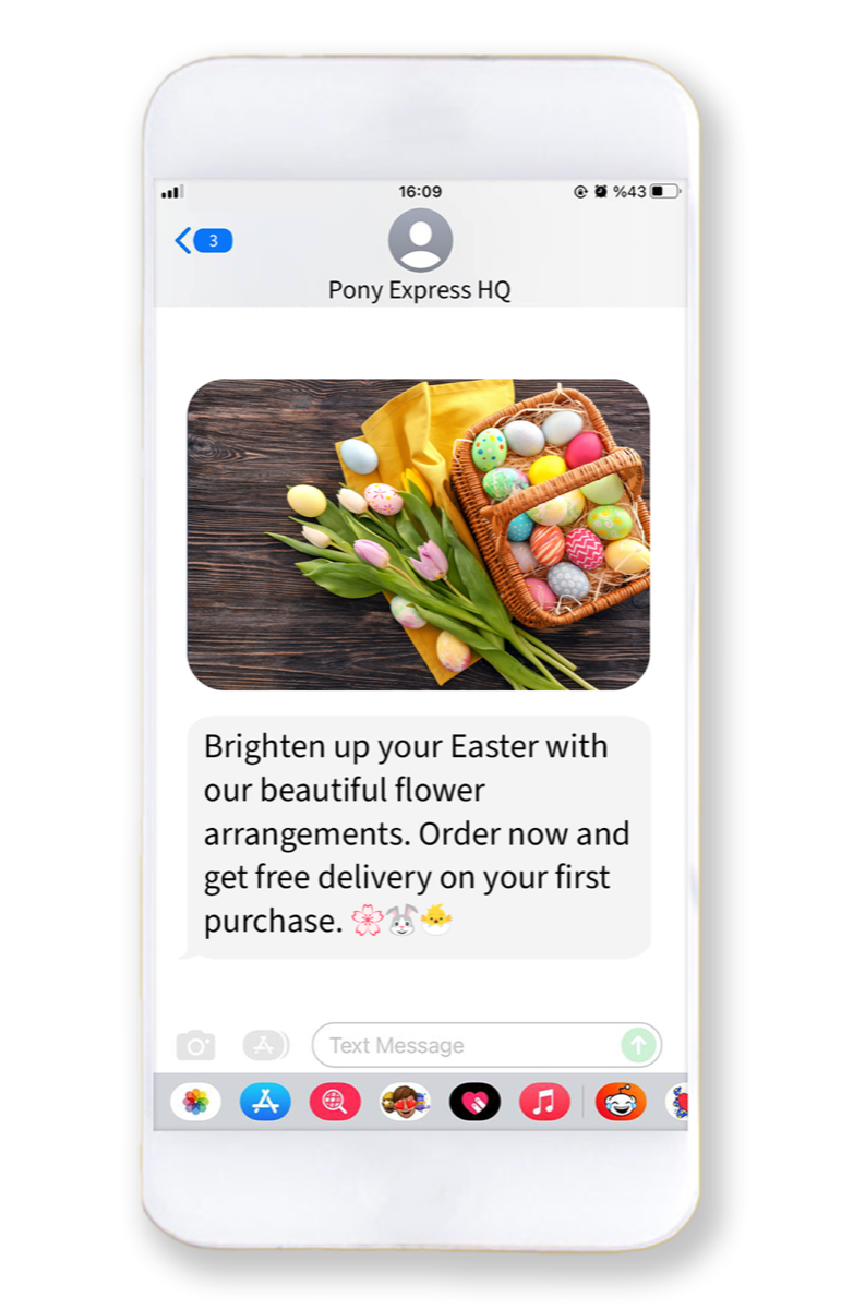 Phone showing an MMS from a florist: a photo of tulips beside a basket of painted Easter eggs