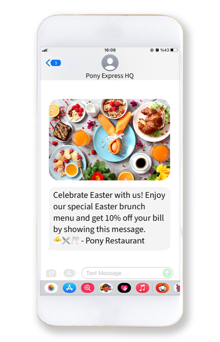 Phone showing an MMS from Pony Restaurant: a photo of an Easter brunch table with pastries, eggs, fruit and coffee